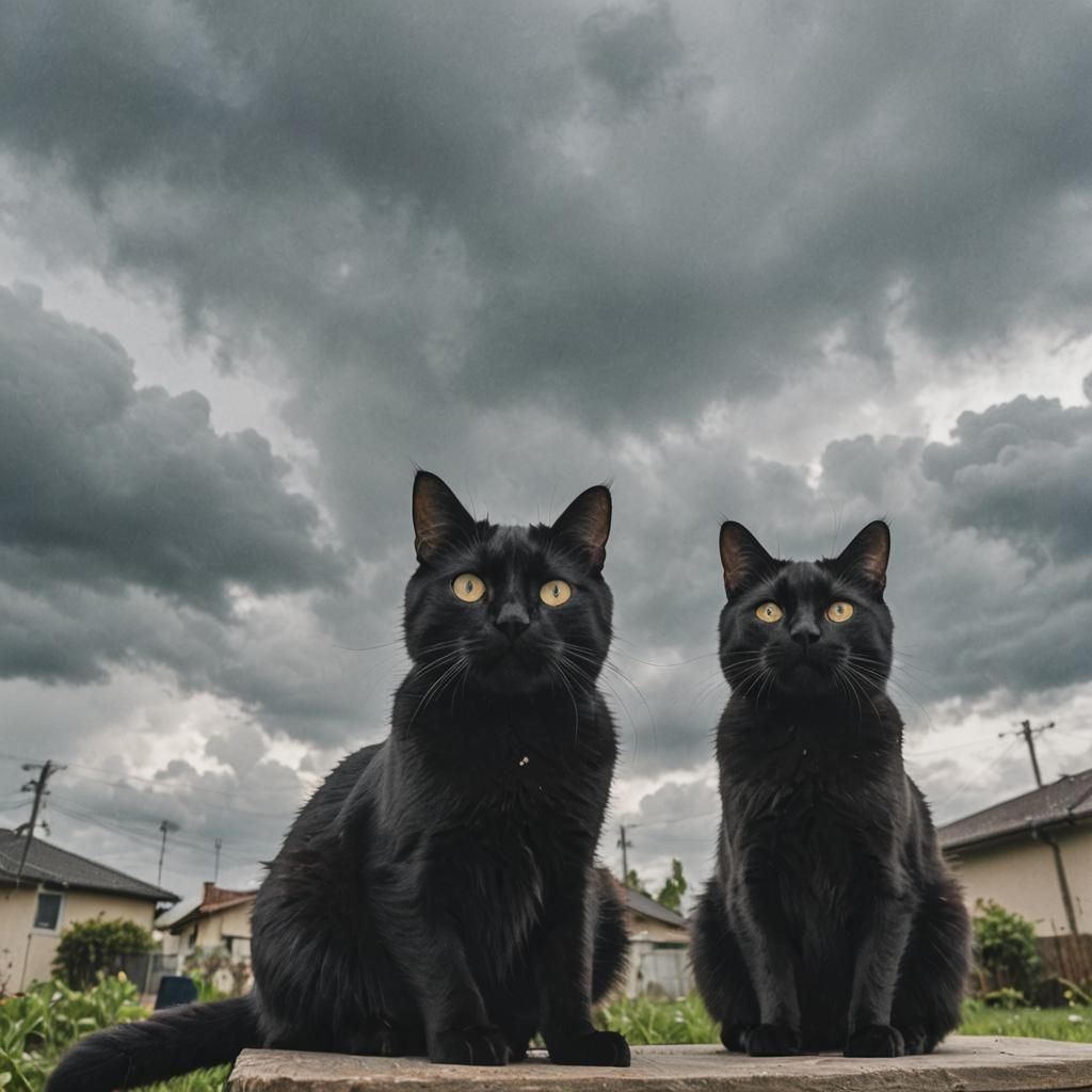 Two Black Cats Gazing at Cloudy Sky