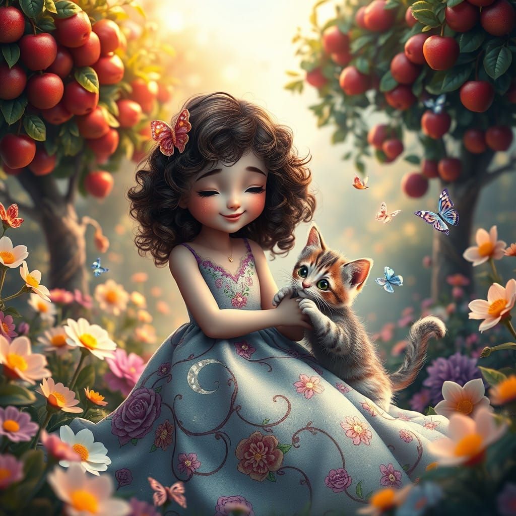 Magical Garden Girl Plays with Whimsical Kitten in Vibrant F...