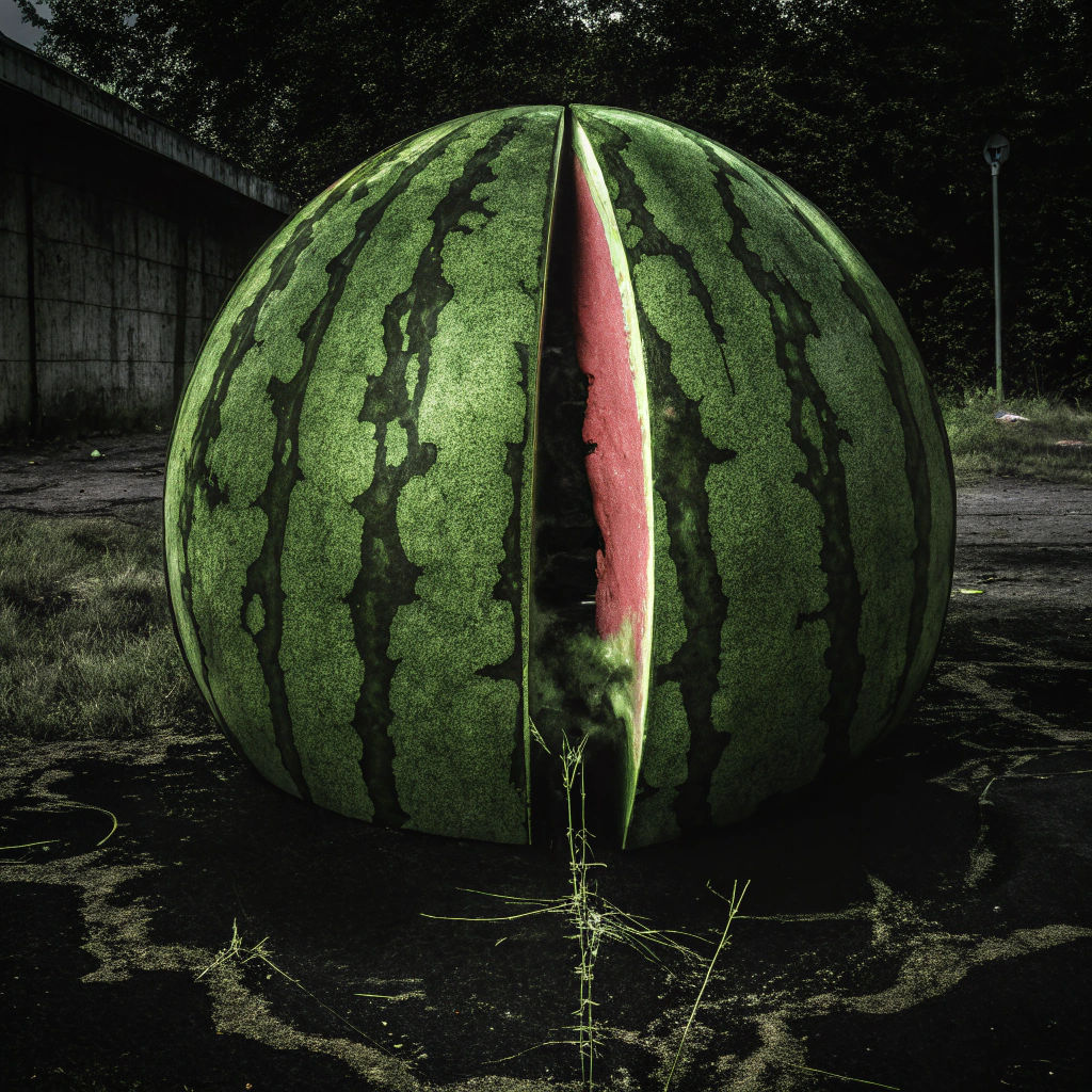 Giant Watermelon Flood in Cracked Desert, Surreal Digital Ar...
