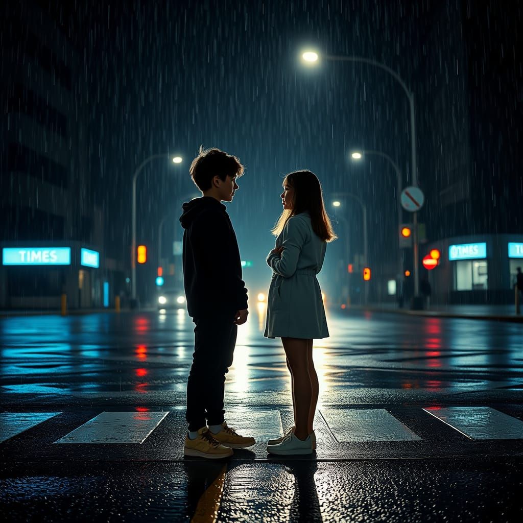 Surreal Nighttime Encounter at a Crossroads