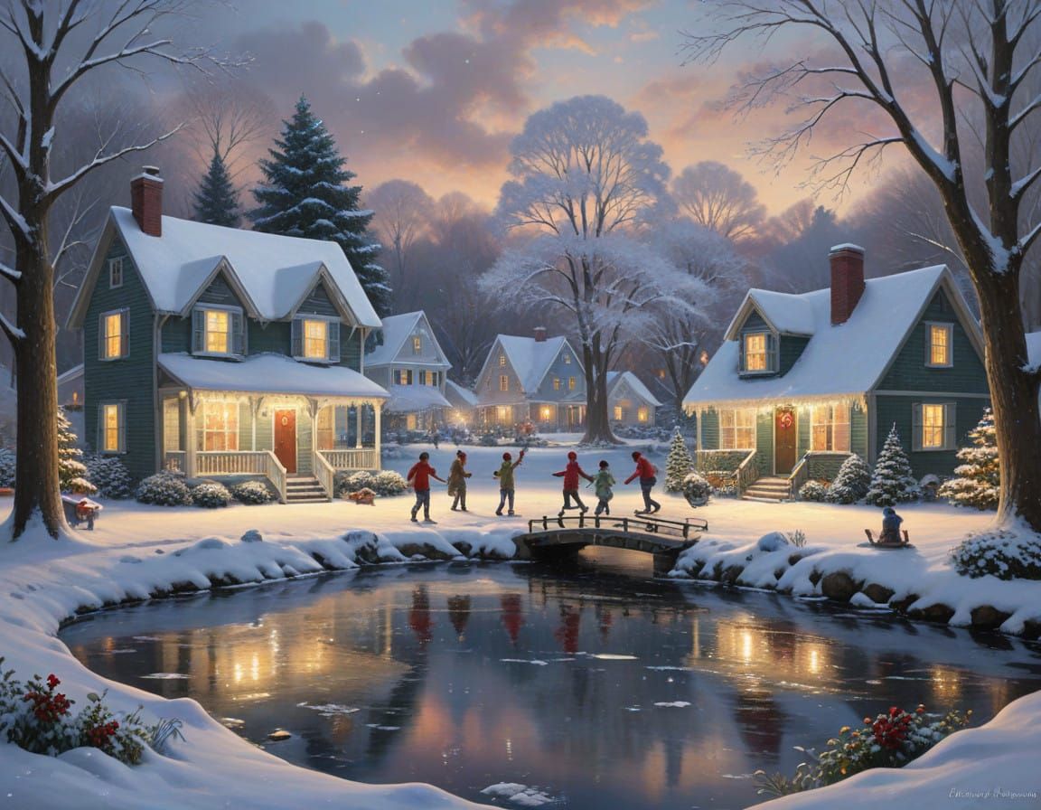 Cozy Winter Scene: Children Ice Skate in Snowy Neighborhood