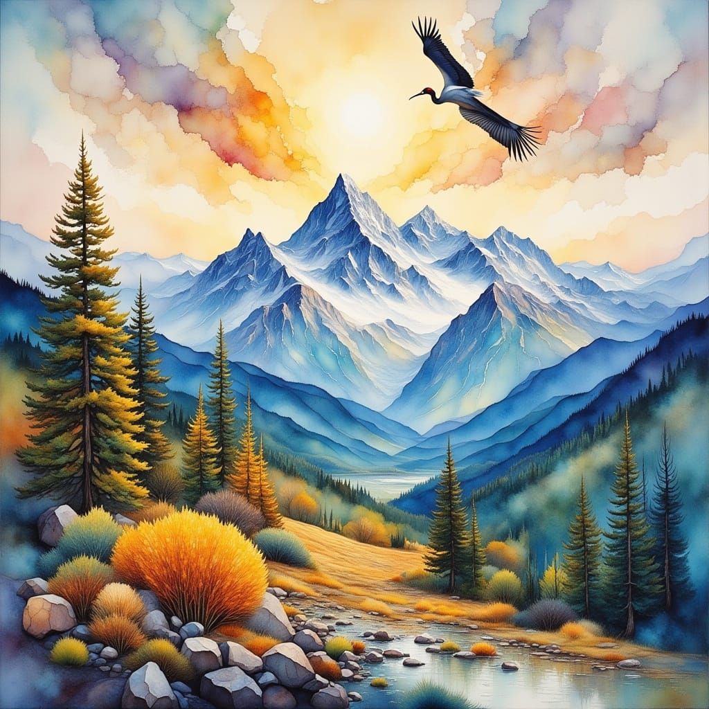 Sandhill Crane Soars Over Mountains in Post-Impressionist Oi...