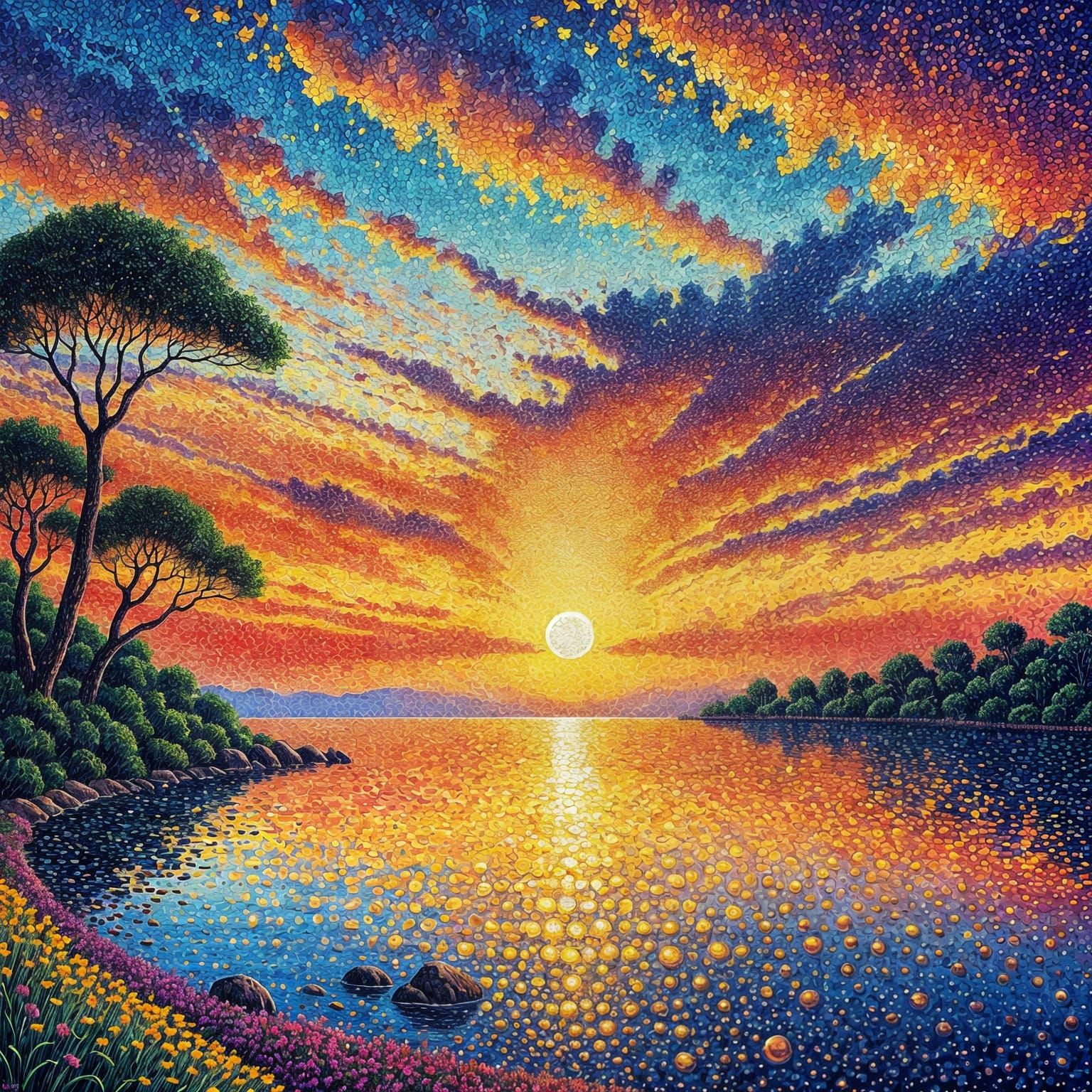 Pointillist Sunset with Vibrant Colors and Sharp Focus