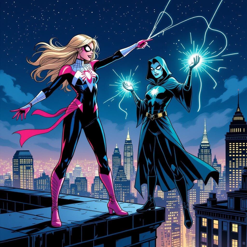 Gwen Stacy and Madam Web on Skyscraper Ledge in Comic Style