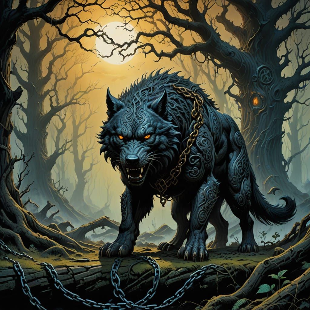 Giant Wolf of Norse Mythology Bound by Magical Chains with E...
