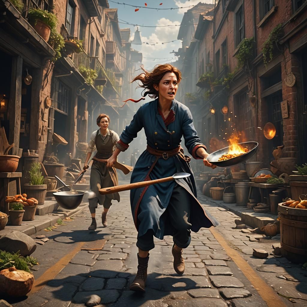 Woman Chasing Husband with Pan: Fantasy Art