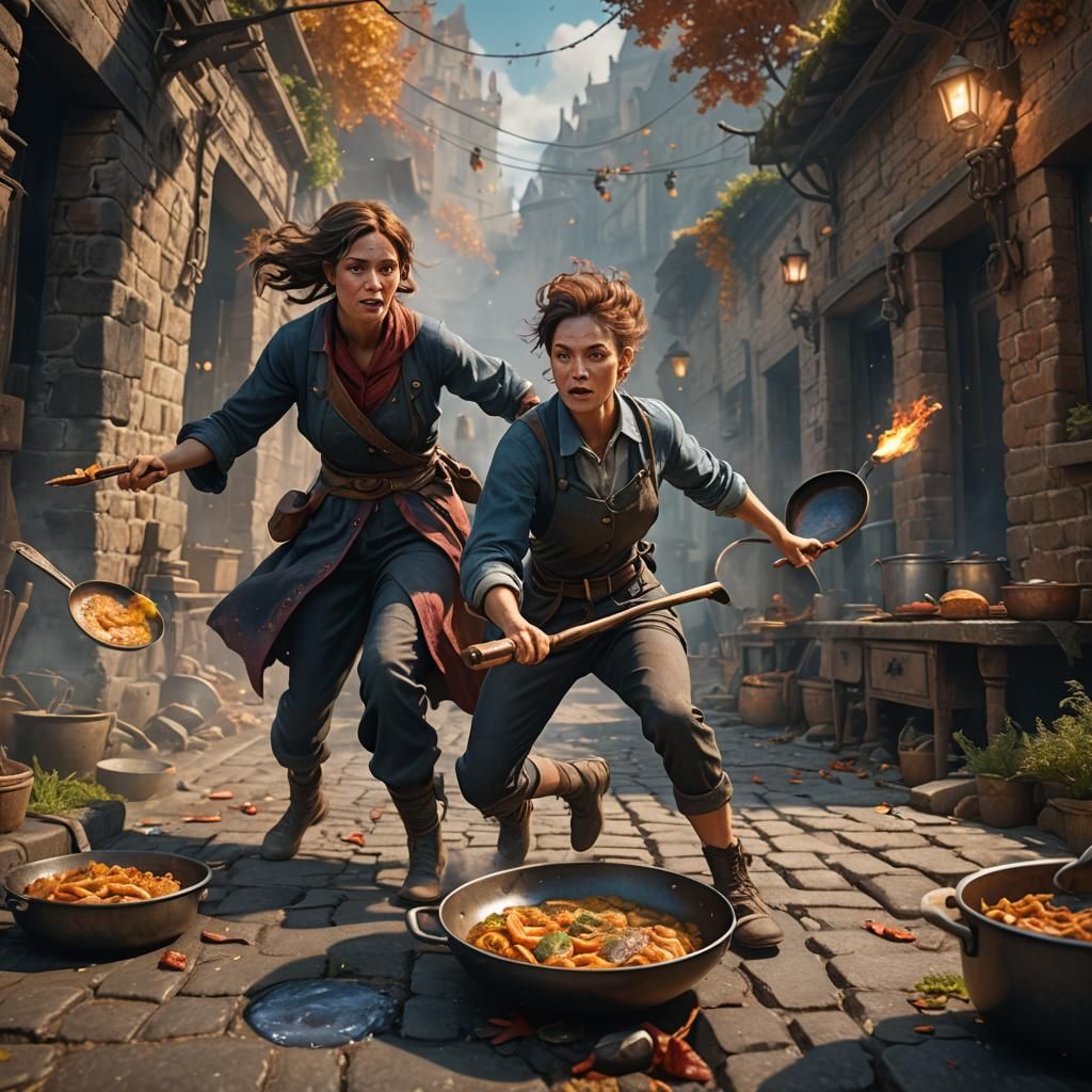 Enchanted Domesticity: Woman Pursues Husband with Frying Pan