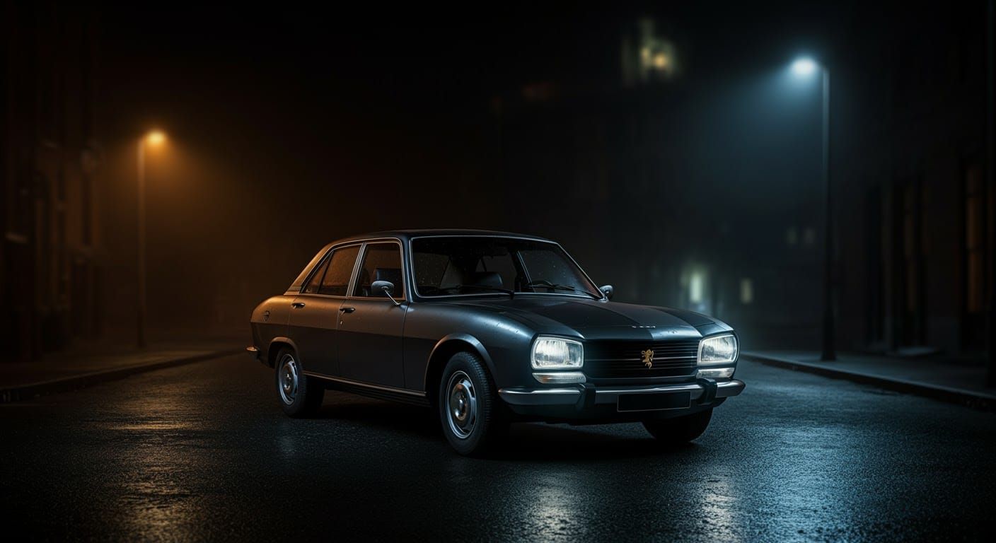 1970 Peugeot 504 on Rain-Soaked Street at Night