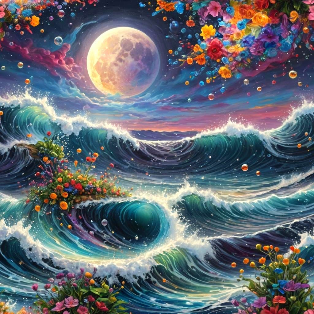 Moon Surfing Rainbow Waves and Flowers