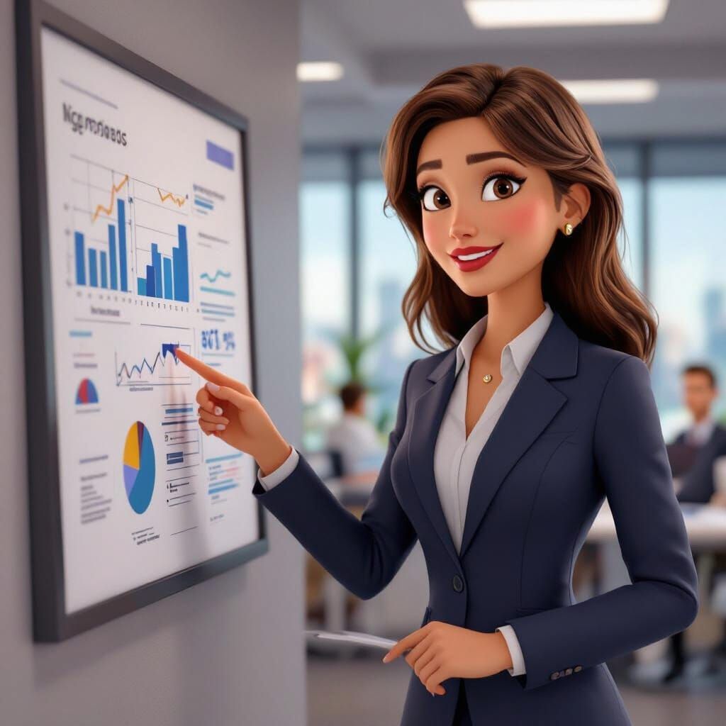 Businesswoman Presenting Data in Pixar Style