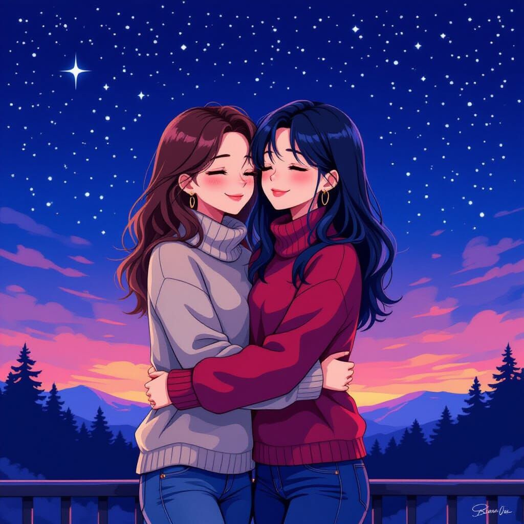 Anime Lesbian Couple Embrace Under Starry Sky