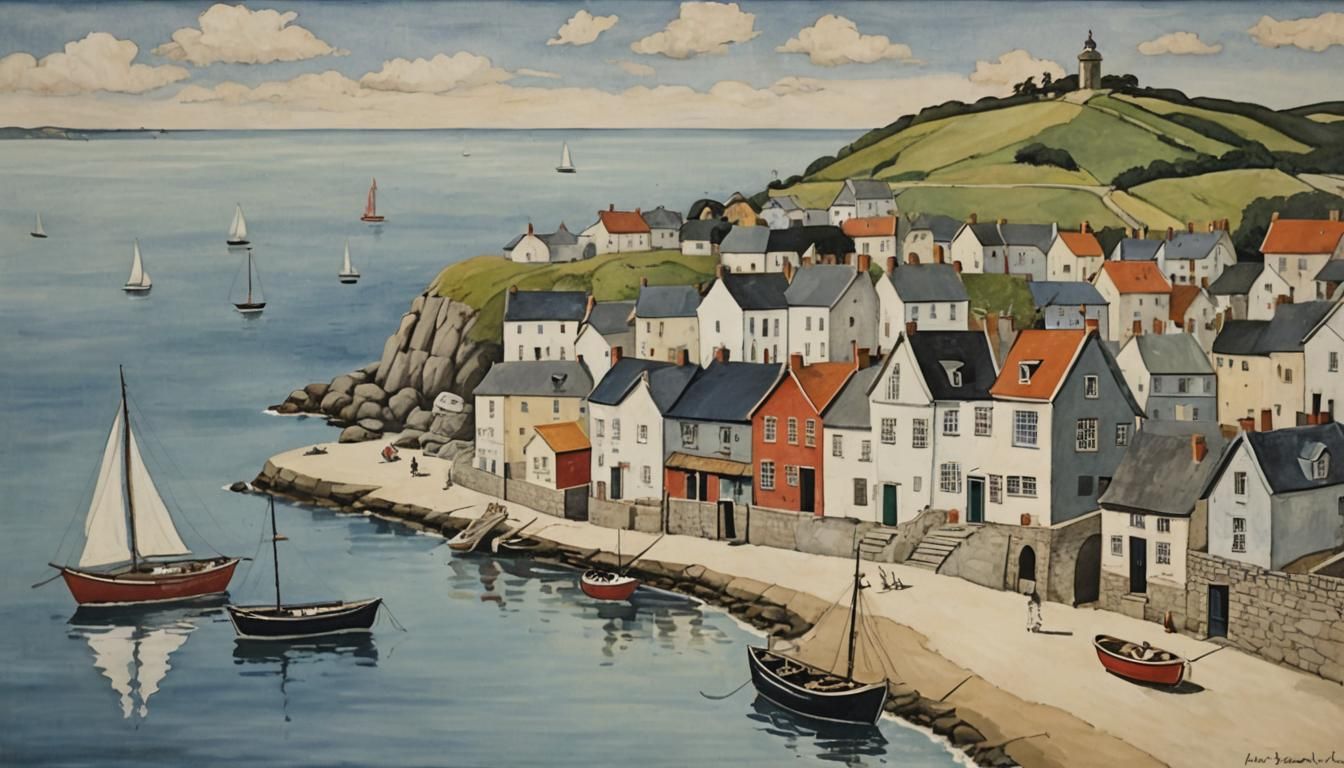 Naive Art Depiction of a Harbour Town