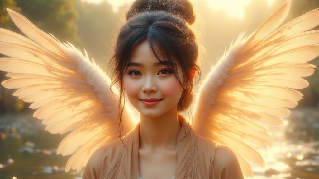 Ethereal Asian Woman with Wings in Silk Robes