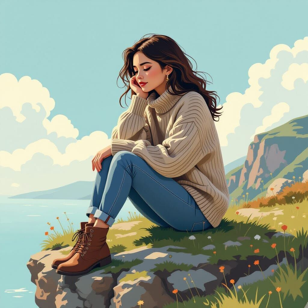 Woman Contemplates on Cliff in Ethereal Style