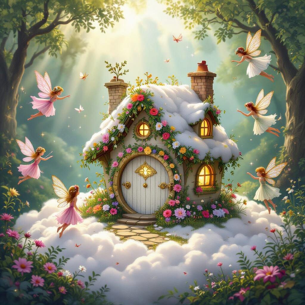 Enchanted Fairy Cottage on Clouds with Glimmering Wings