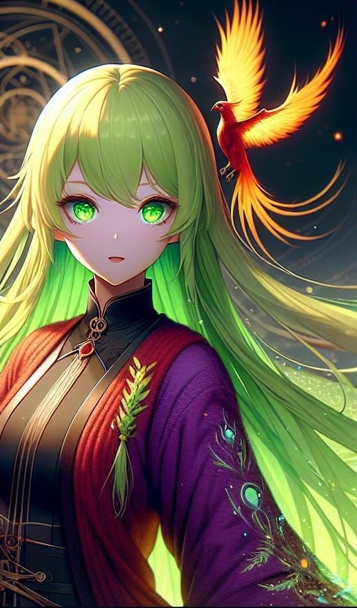 Anime Girls with Phoenix in Surreal Matte Painting