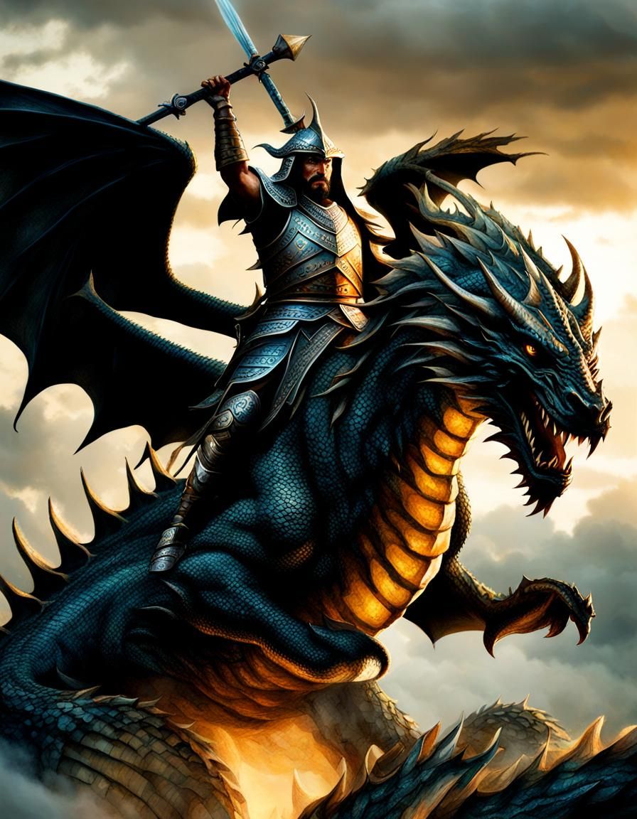 "A warrior riding a dragon"