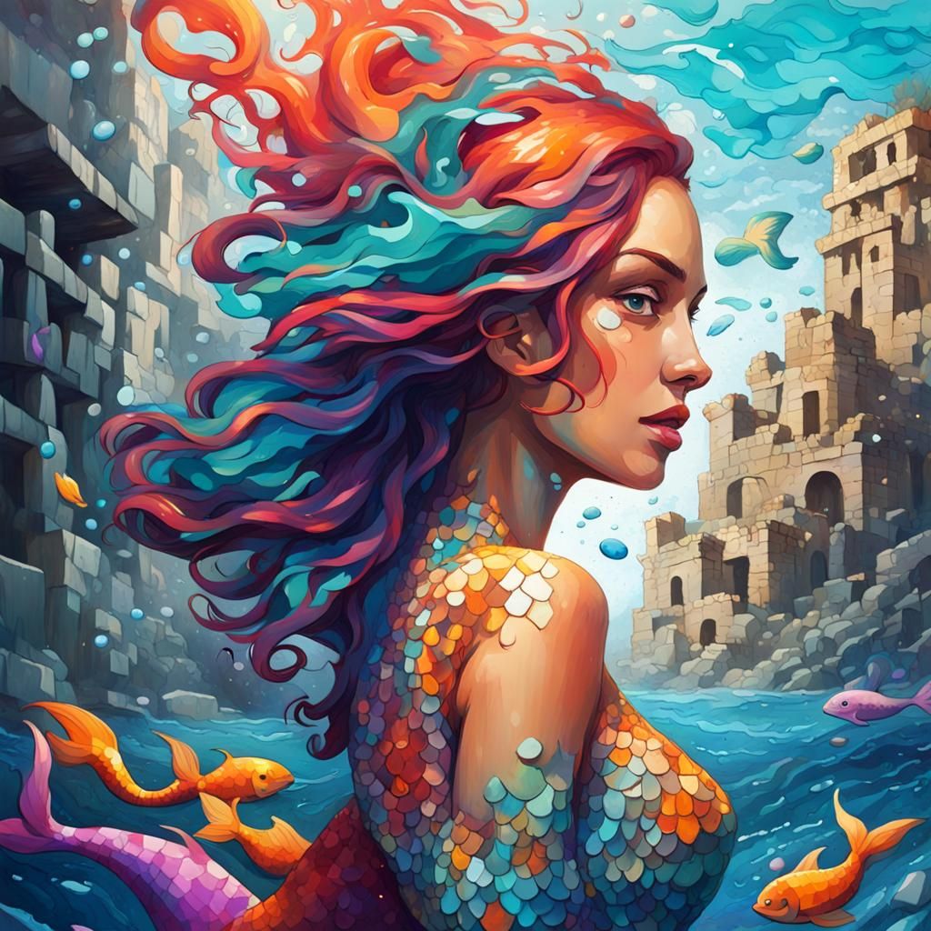 Mermaids in Atlantis Mosaic Graffiti Art