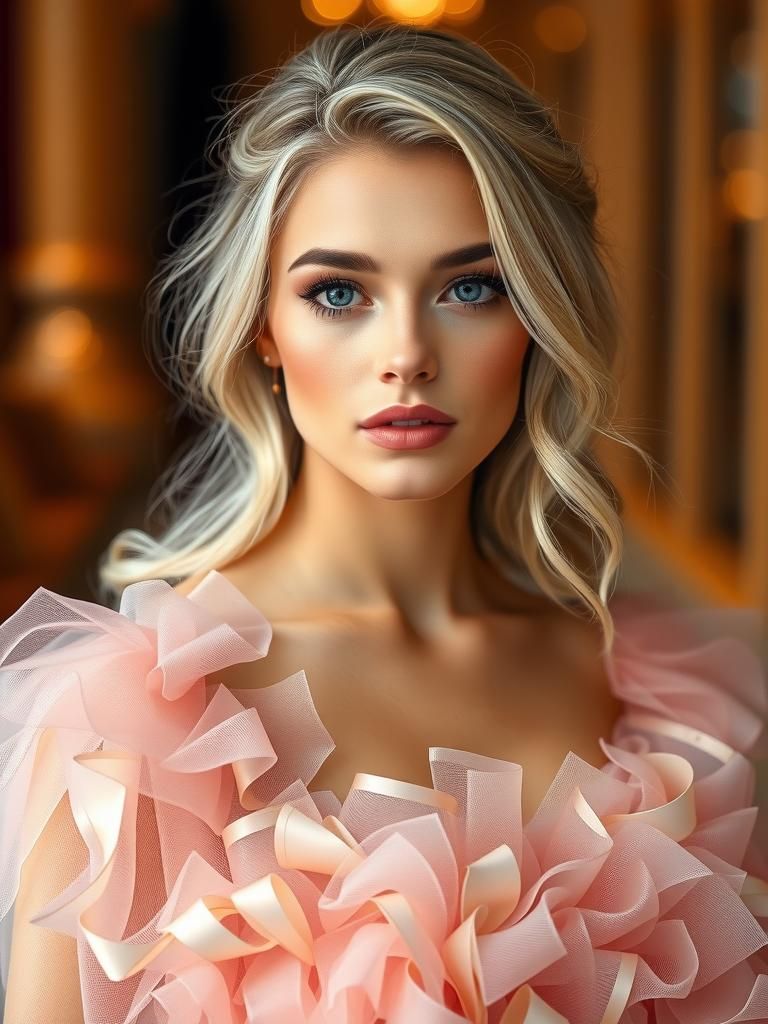 Blonde Model in Pastel Tulle Gown with Bokeh Background