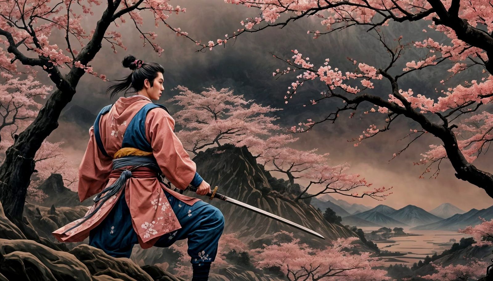 Samurai Silhouette in Ukiyo-e Style