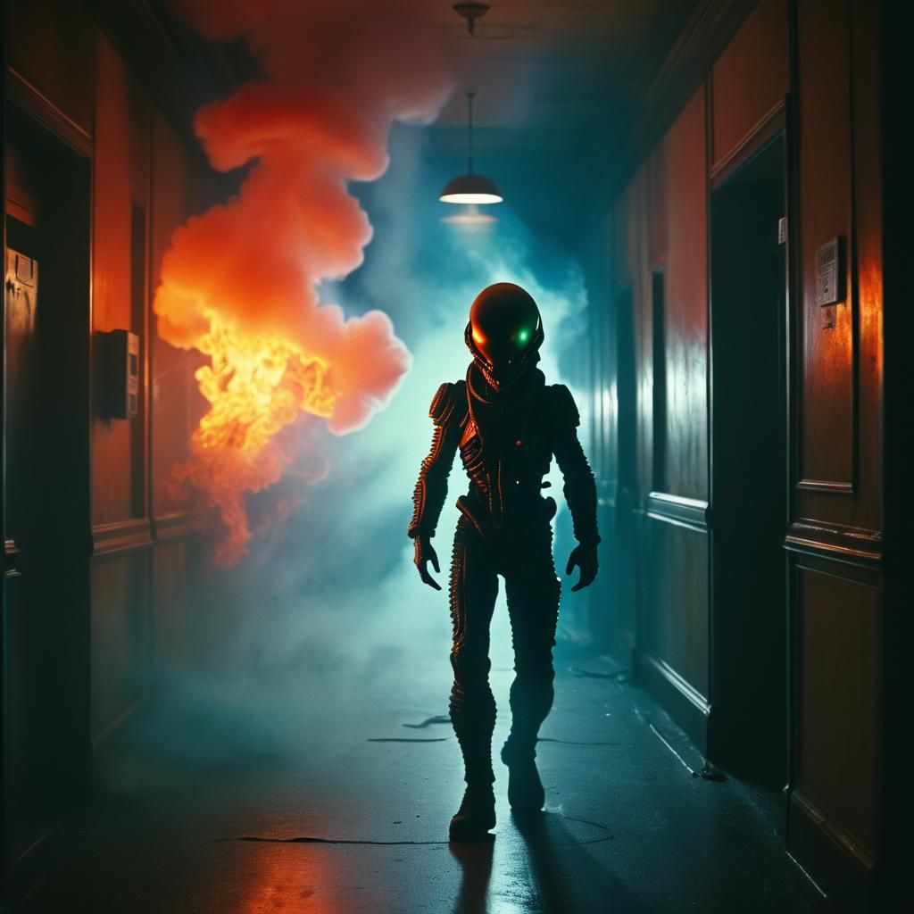 Alien Film Still in a Dimly Lit Corridor