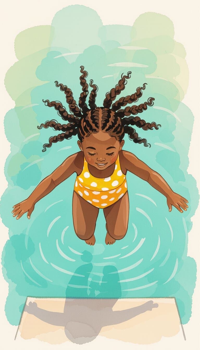 Joyful Dive: Watercolor Painting of Girl in Polka-Dot Swimsu...