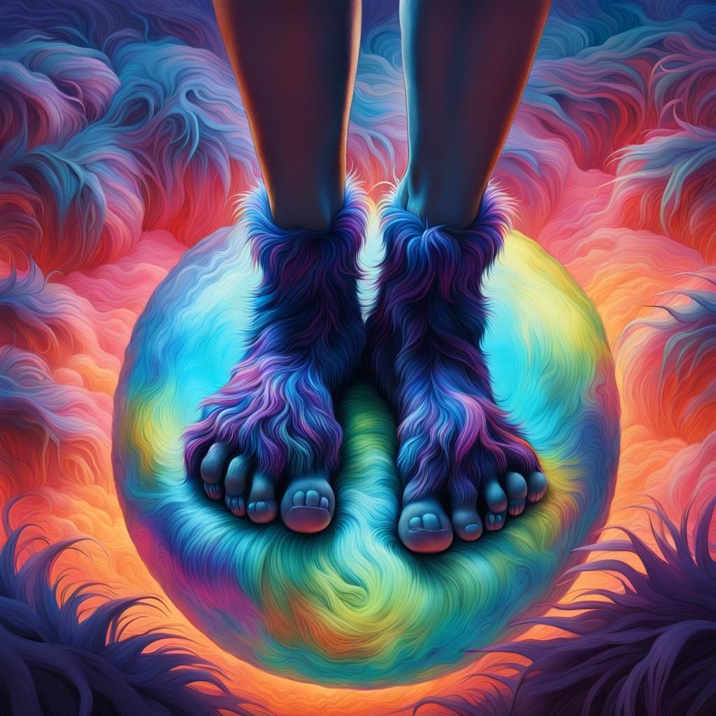 Colorful Furry Creature with Bare Feet