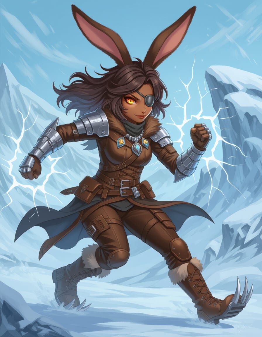 Rabbitfolk Warrior with Mechanical Arm on Snowy Battlefield