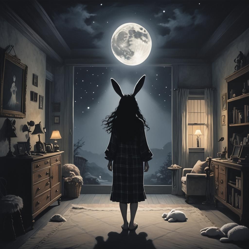 Goth Girl Waving Goodbye in Moonlight, Burtonesque Style