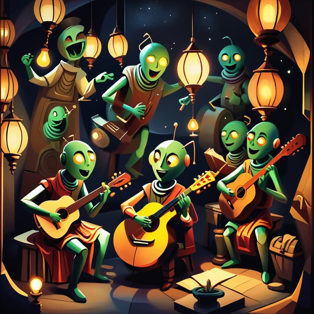 Cubist Martians Serenade Under Lamplight