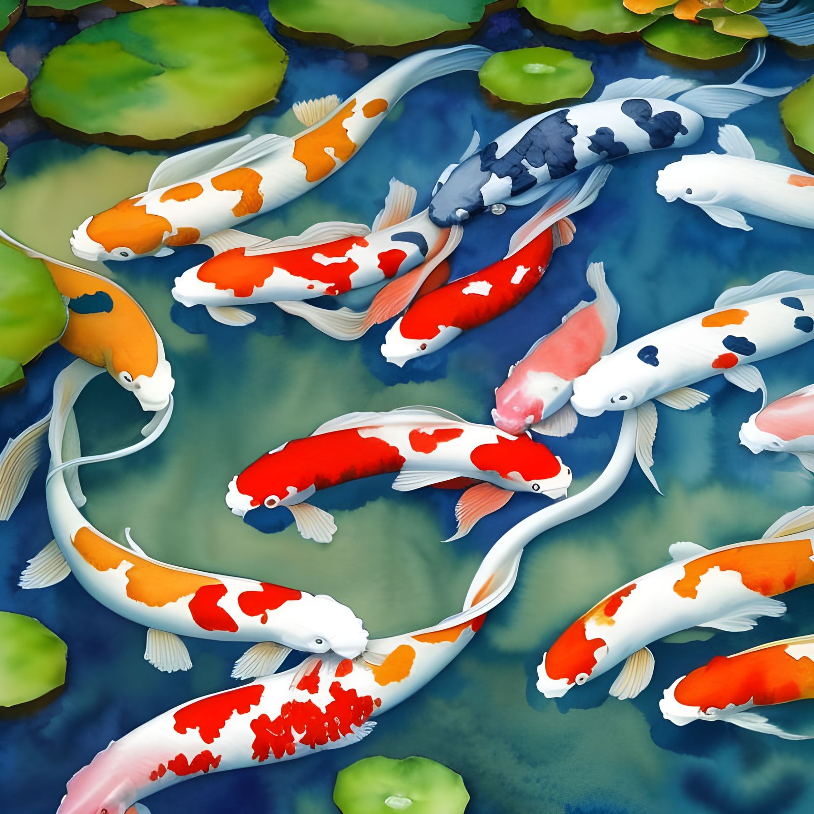 Hyperrealistic Koi Pond Watercolor Painting