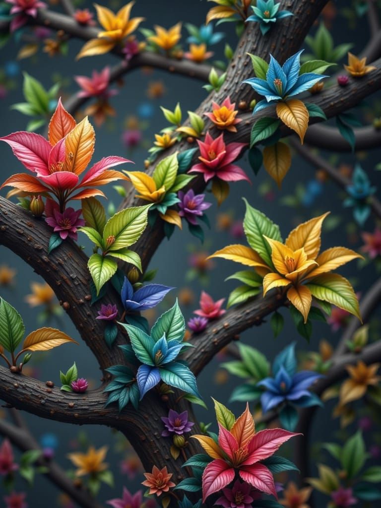 Vibrant Tree in Bloom, Inspired by Cyberpunk and Hyper-Reali...
