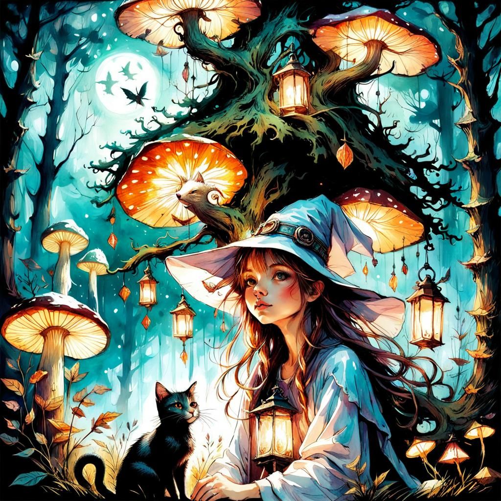 Magical Forest Scene with Witch Girl and Cat