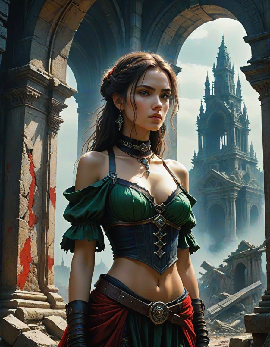 Mysterious Woman in Dark Fantasy Ruins