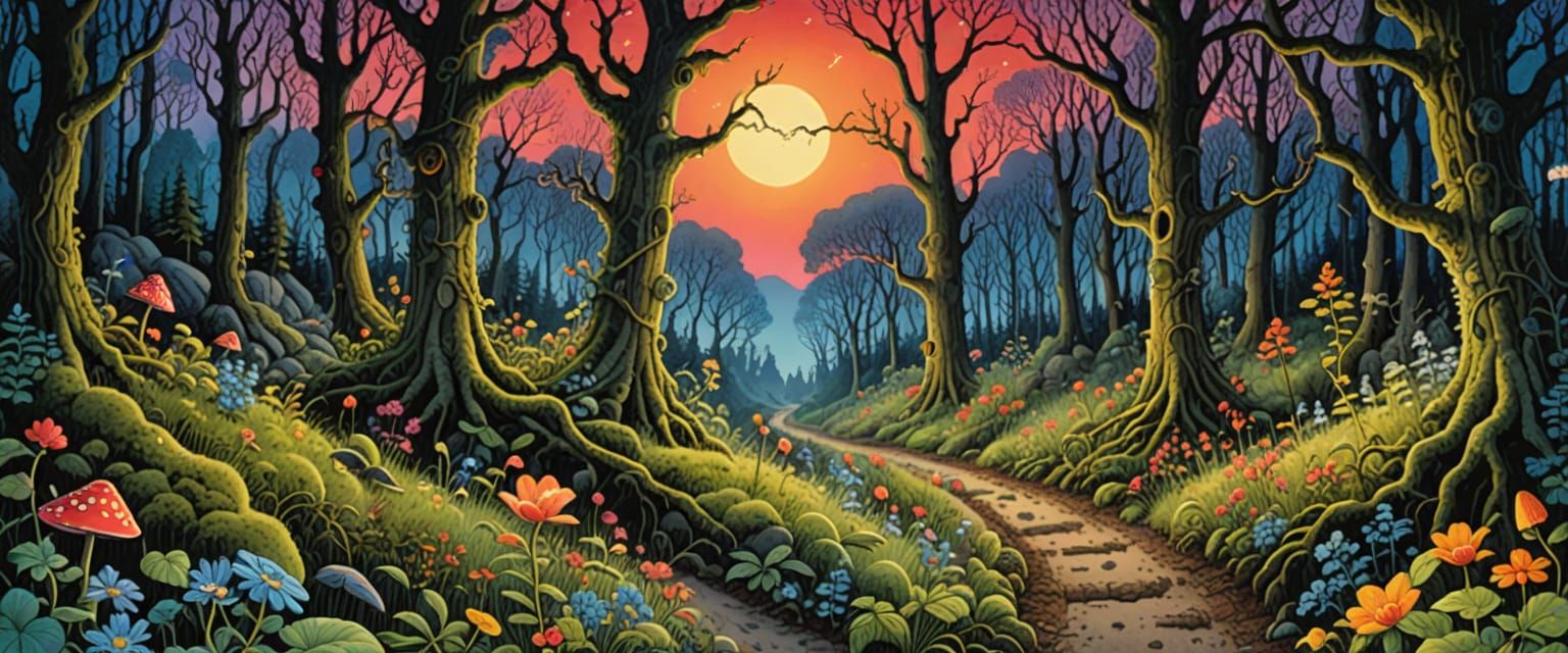 Magical Woodland Creatures on a Night Road