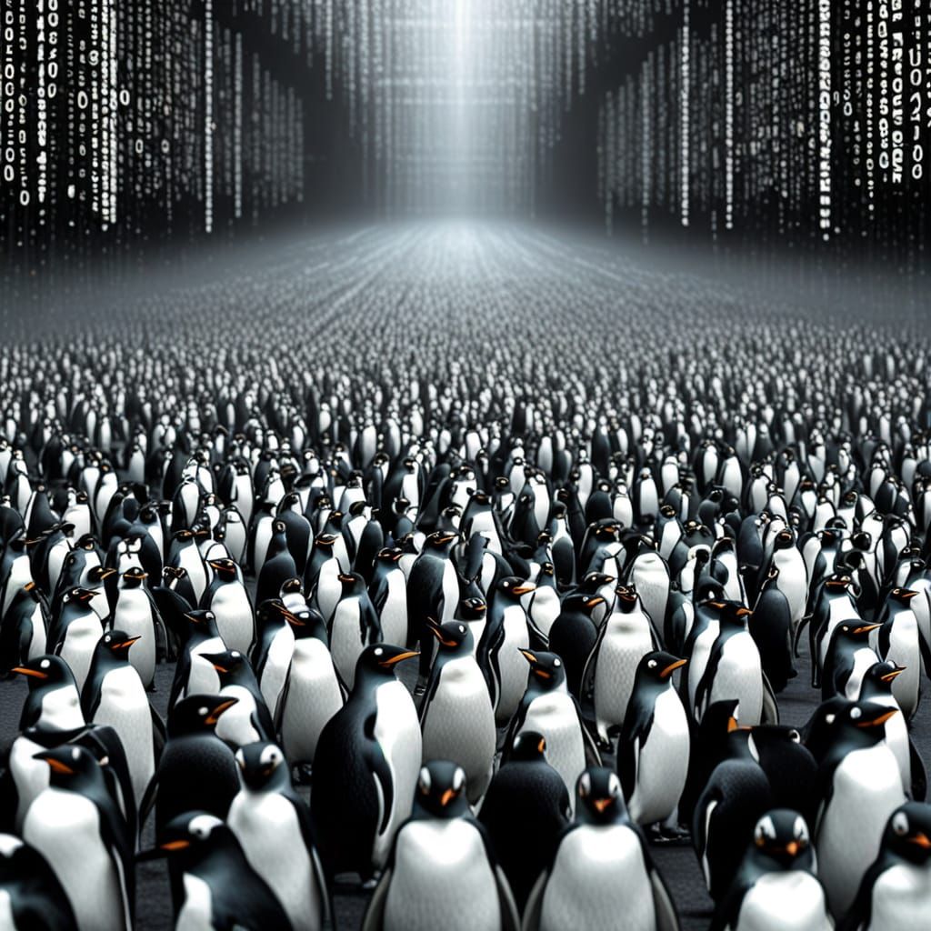 Glitch Art of Endless Penguins in a Digital Matrix