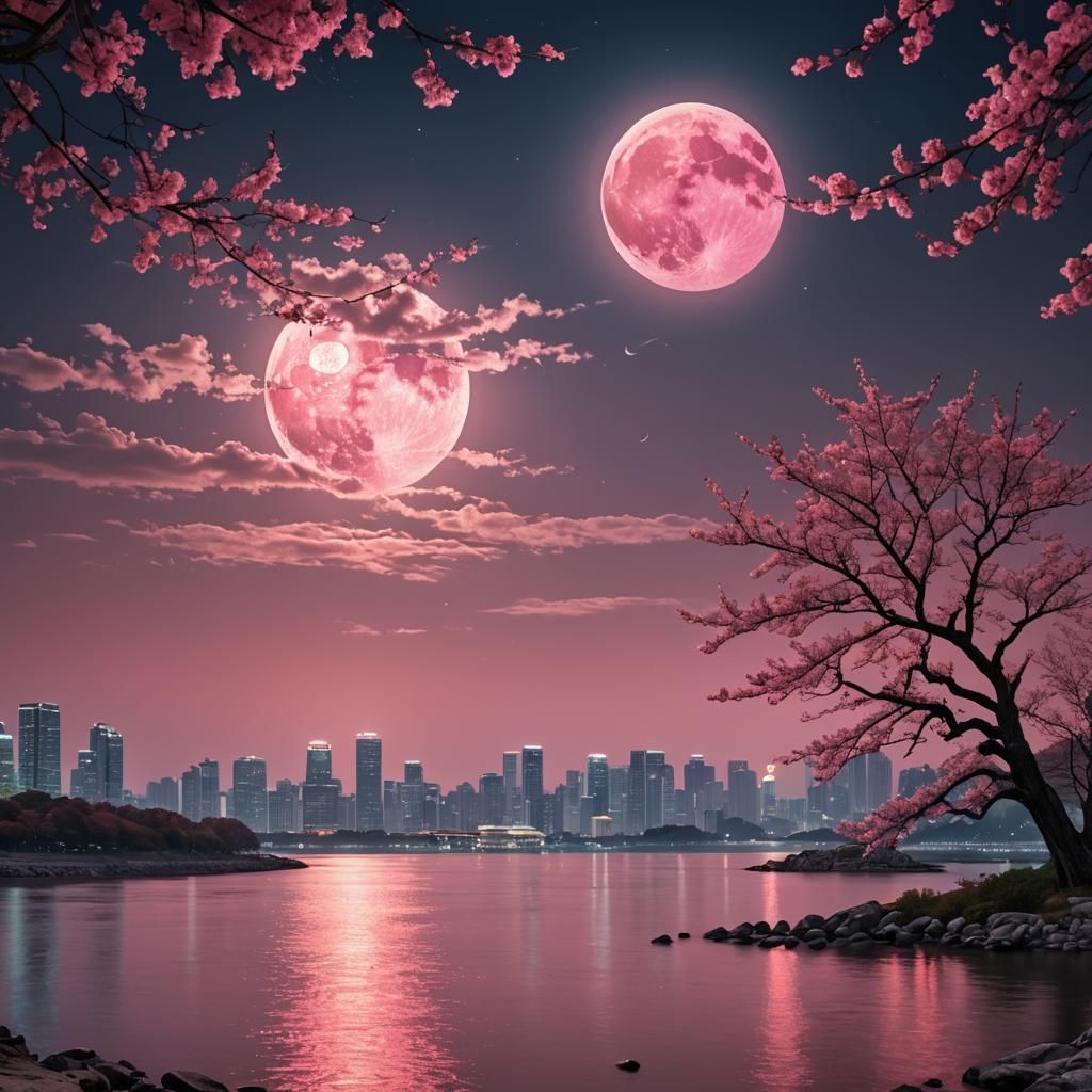 Pink Moon Over Han River: Detailed Ink Drawing