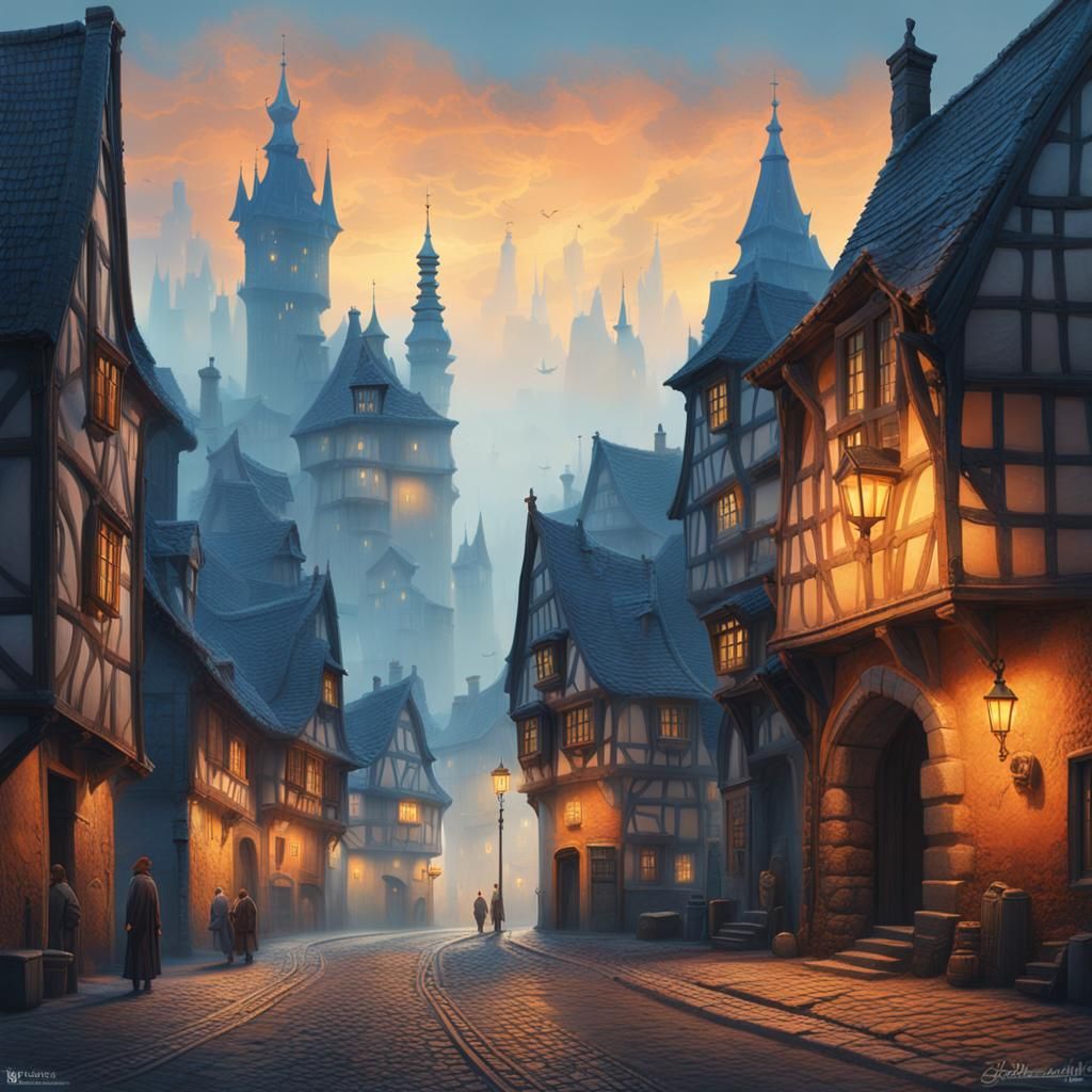 Dreamlike Medieval Town in a Misty Landscape