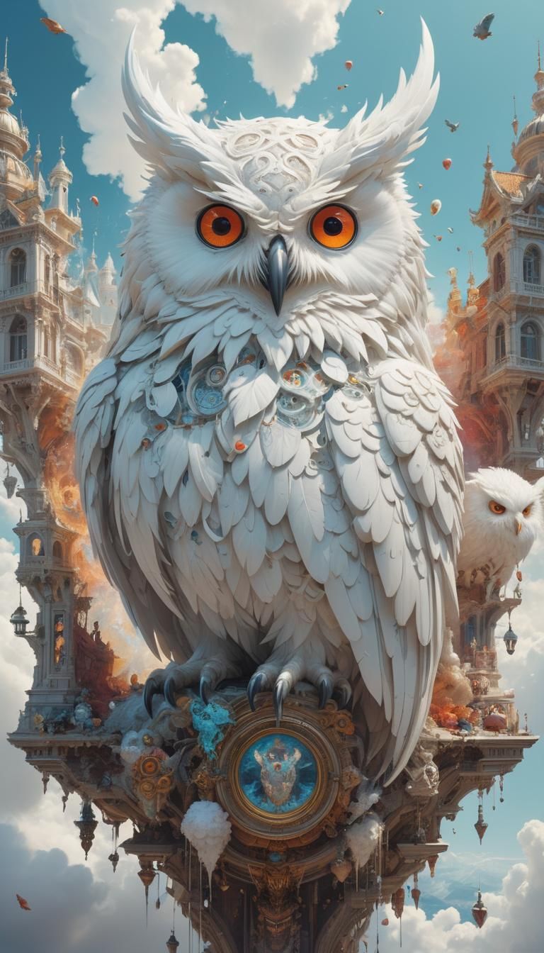 Gigantic Glass Owl God Descending: Surrealist Art