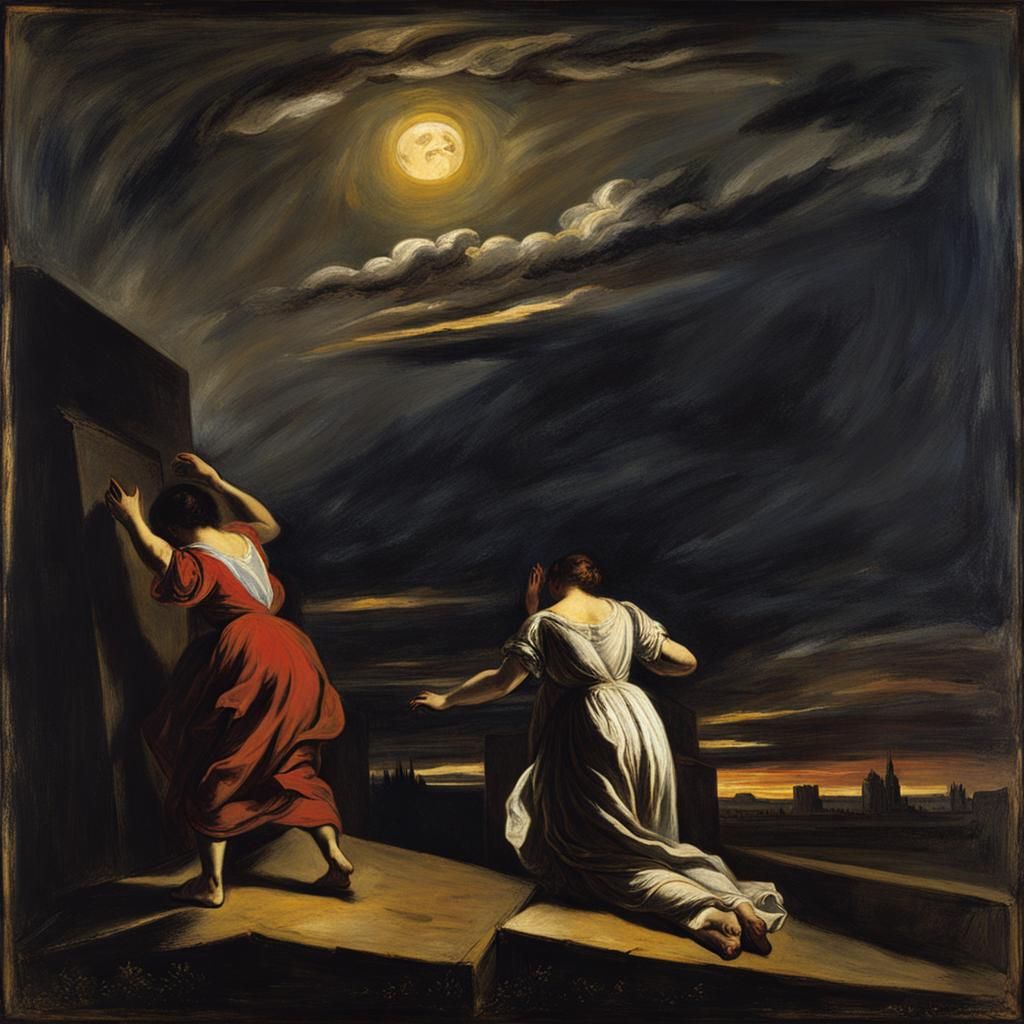 Volcanic Dawn in Baroque and Caricature Art Style