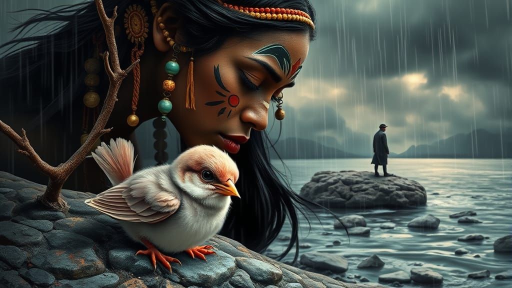 Surreal Stormy Scene with Woman and Baby Bird