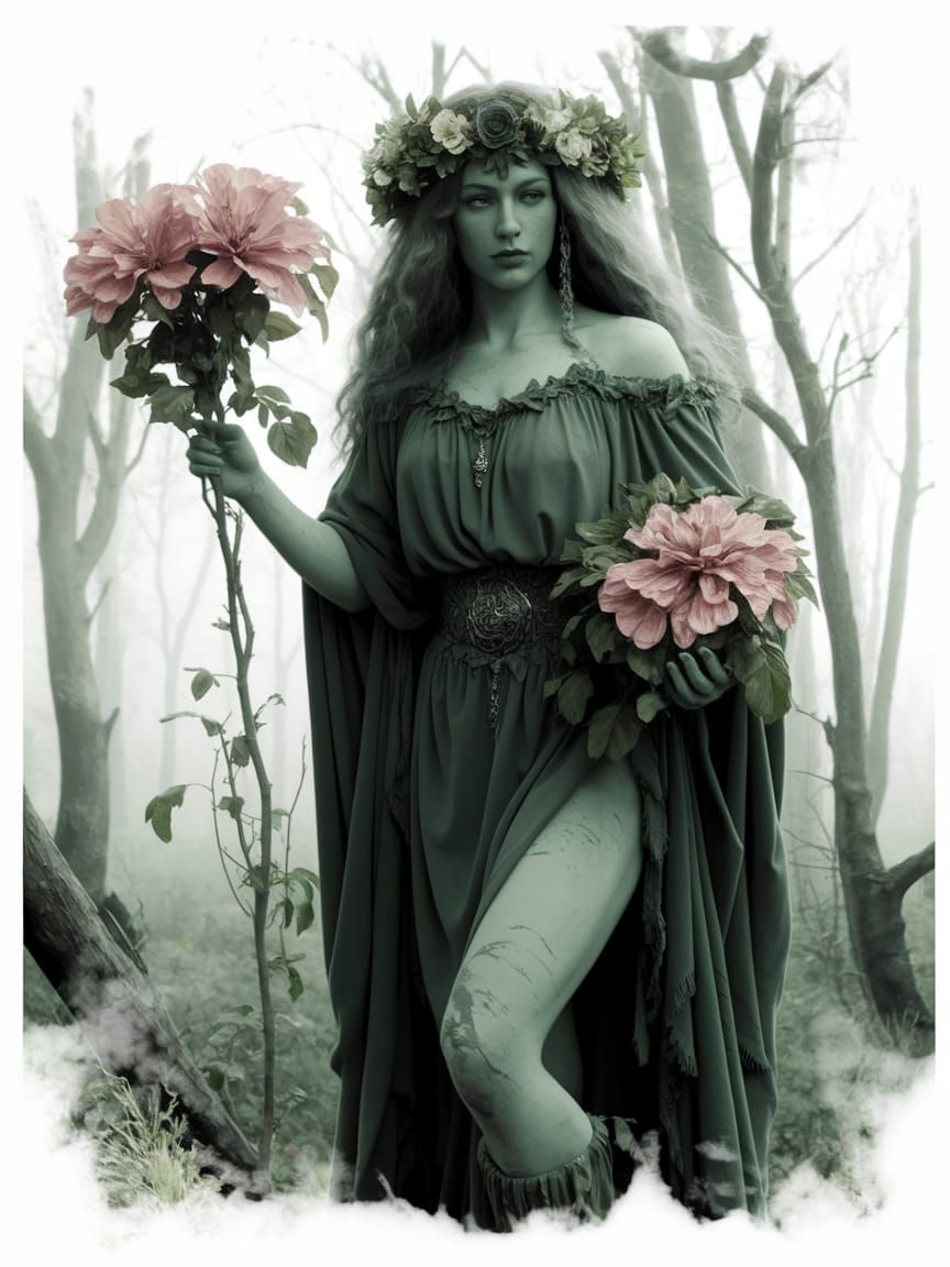 Enchanted Forest, Druid/Dryad carrying Flowers, ultradetaile...