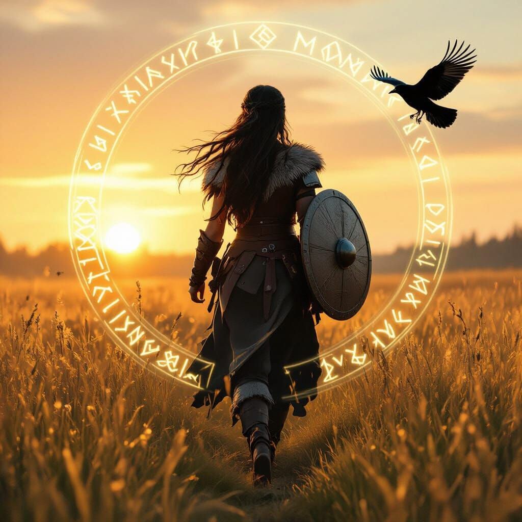 Nordic Shieldmaiden in Golden Meadow: Fantasy Art