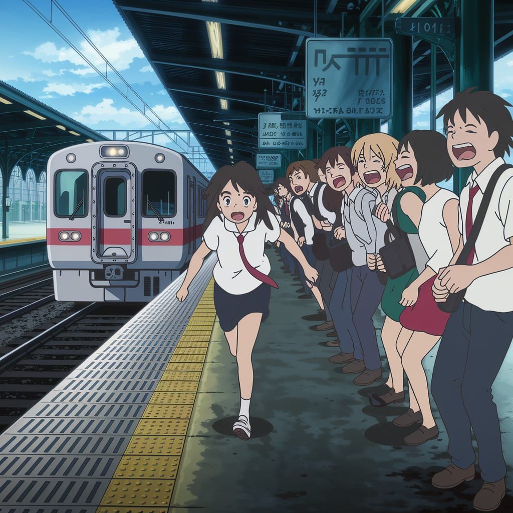 Anime Girl Misses Train, Friends Laugh in Tragicomic Scene