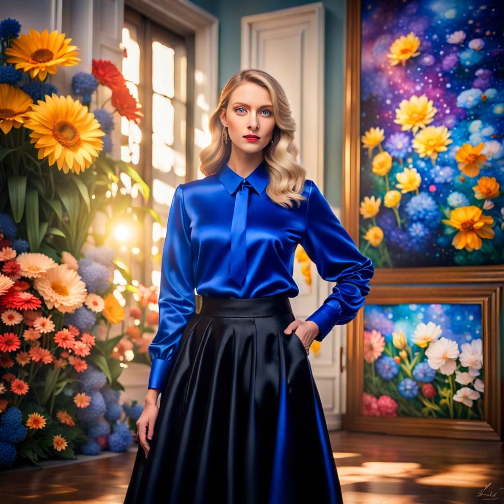 Woman in Satin Dress Surrounded by Floral Art