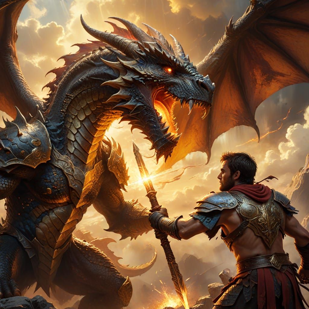 Warrior and Dragon Fight: Fantasy Oil Painting
