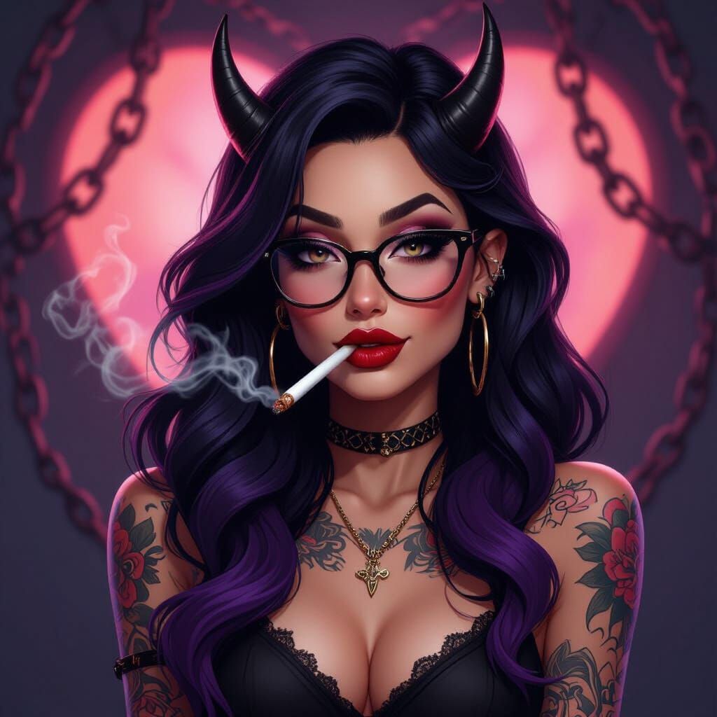Devil Woman Portrait with Tattoos and Glasses