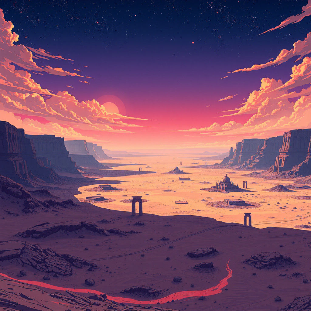 Vast Wasteland Ruins in Anime Cel-Shaded Style