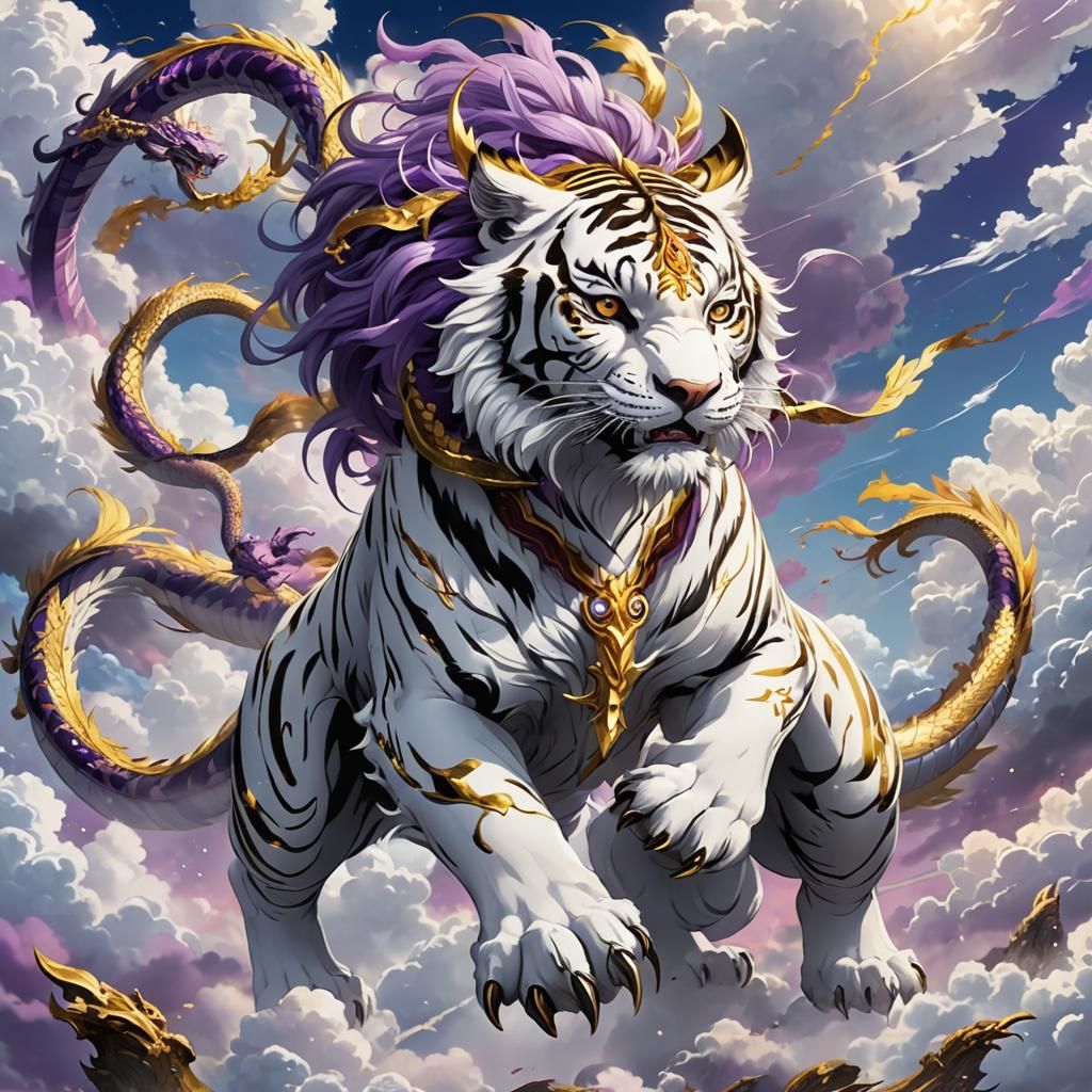 Anime Dragon-Tiger Hybrid in Ethereal Clouds