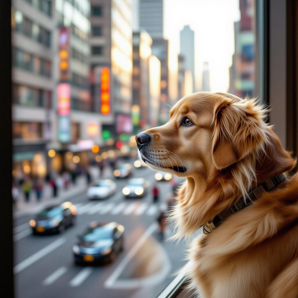Golden Retriever Gazing at Bustling City Street